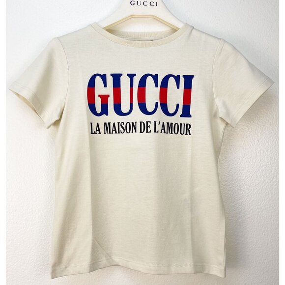 NWT Gucci Kids T-Shirt With Logo Prnt In Cream Size 4 - Picture 1 of 9